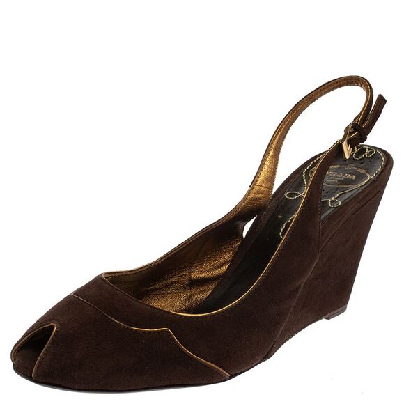 Prada Brown Suede Wedge Peep Toe Sandals Size 41 - Picture 1 of 4